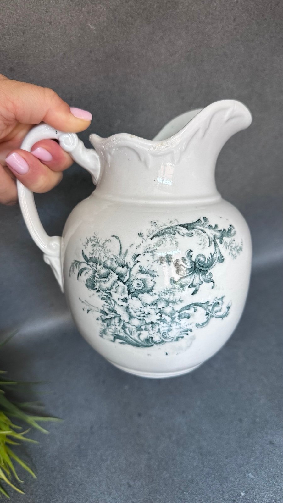 Elegant White and Green Floral Pitcher by Buffalo Pottery