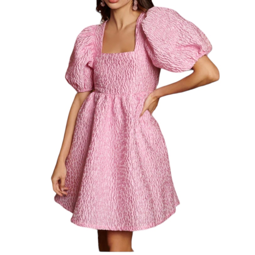 Sister Jane DREAM Cassie Jacquard Mini Dress Pink Smocked Puff Sleeve Size M