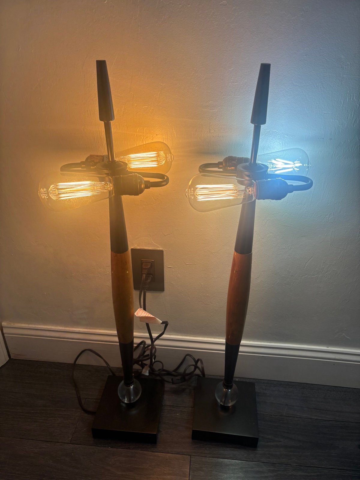 Pair of mid century modern wood, metal, arcrylic ball design lamps