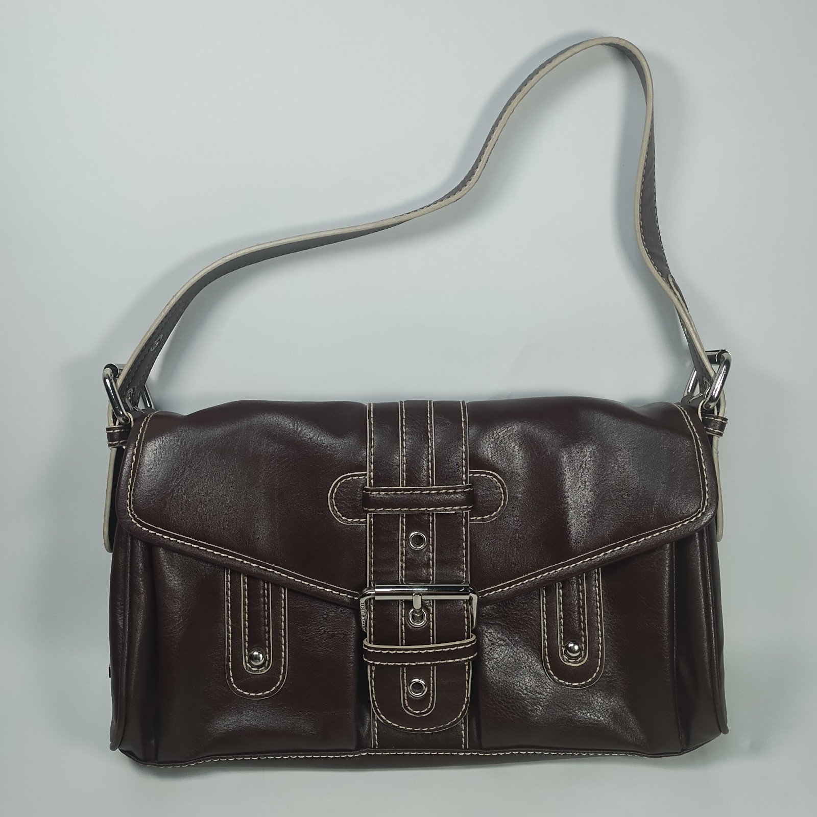 Tommy Hilfiger Chocolate Brown Faux Leather Shoulder Bag Silver Buckle Y2K Retro