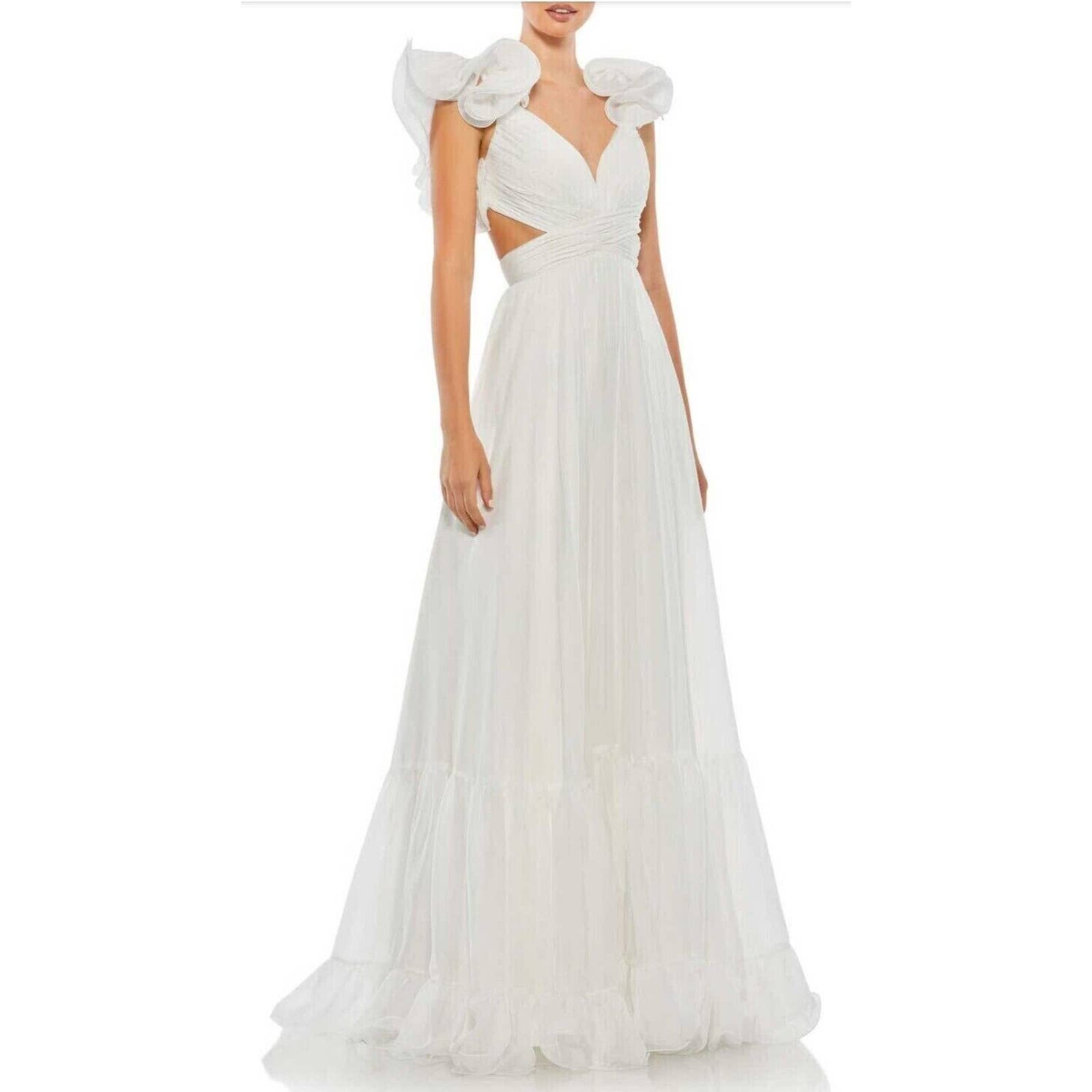 NWT Mac Duggal Ruffle Tiered Cutout Chiffon Gown Empire Waist Womens White SZ 4