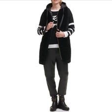 KARL LAGERFELD PARIS Black Grooved Faux Fur Hooded Long Vest NWT
