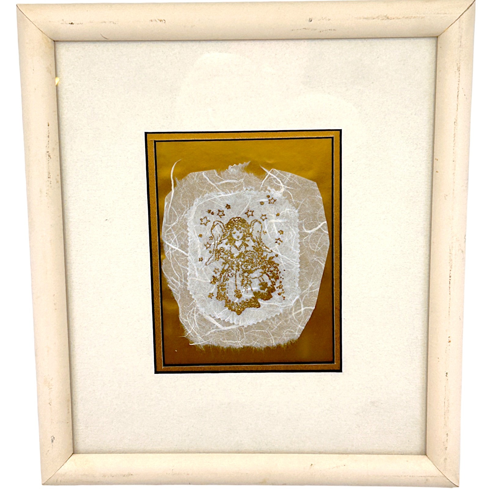 Vintage Handmade Gold Lace Stitched 4 x5 Glitter Angel w Custom Frame