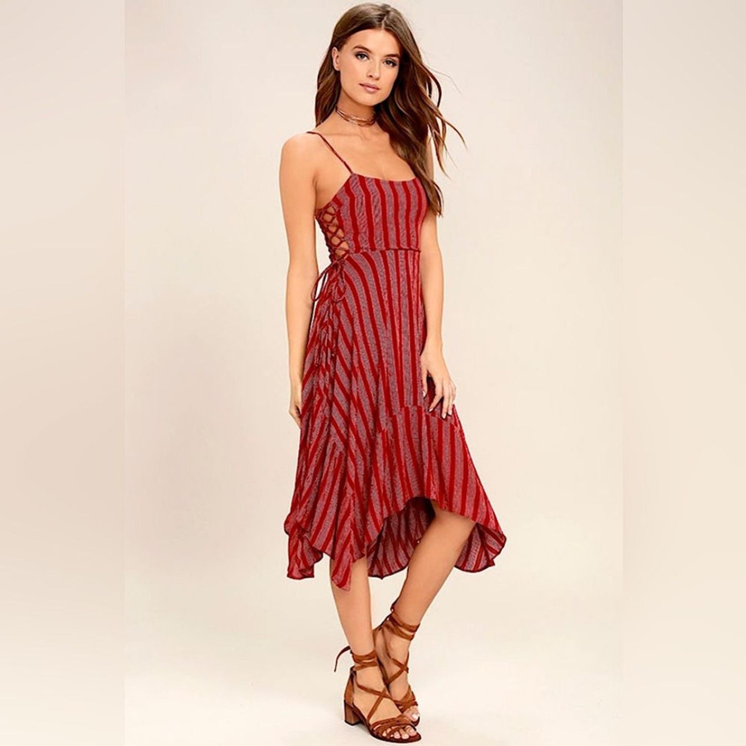 Lulus At Ease Red Striped Lace-Up Boho Midi Dress Size Medium