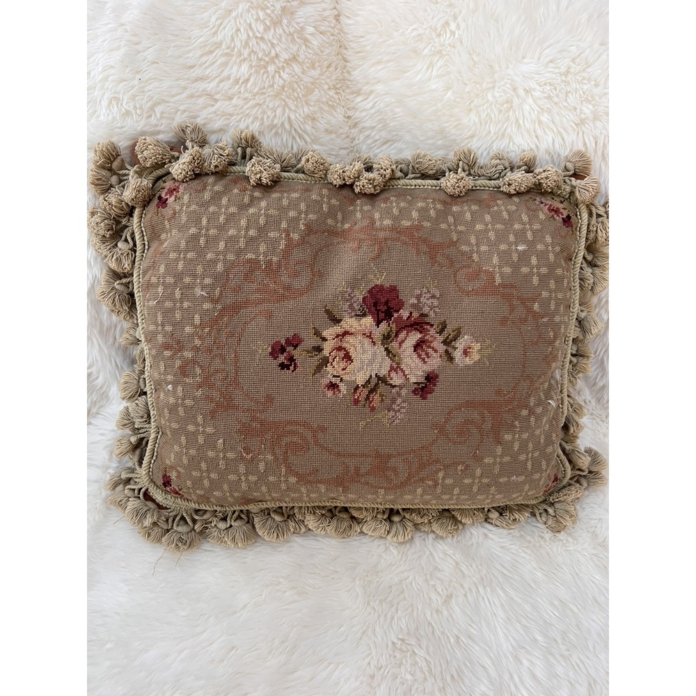 VTG Shabby Rose Floral Needlepoint Pillow Tassel Trim Velvet Back Wool/Cotton