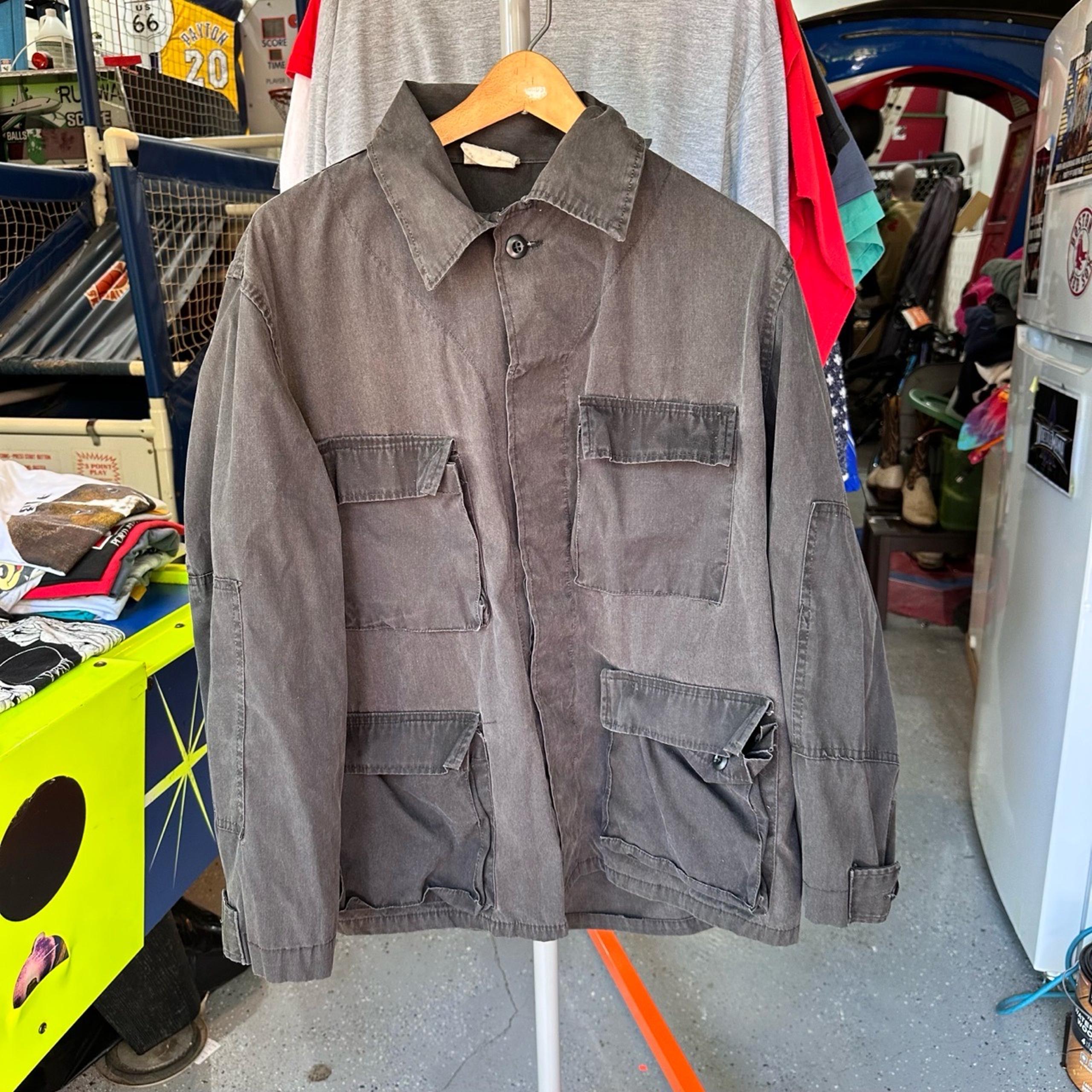 Alpha Industries 1980s Black Button Up Chore Coat Vintage Military Jacket XL