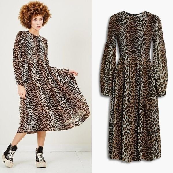 Ganni Leopard Animal Print Brown Georgette Smocked Long Sleeve Midi Dress Size 4