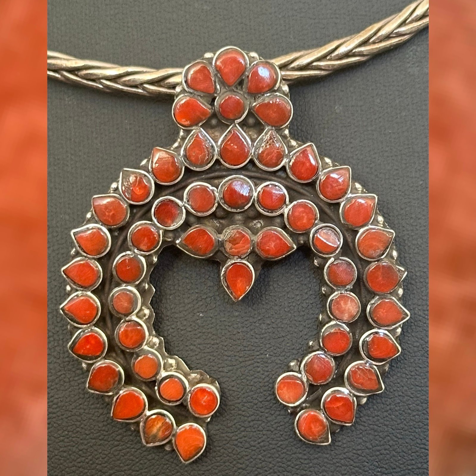 Mediterranean coral inlay Southwestern statement Sterling silver naja pendant