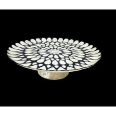 Capiz Shell Pedestal Cake Stand Plate Decorative Flower Inlay Black Ivory 13