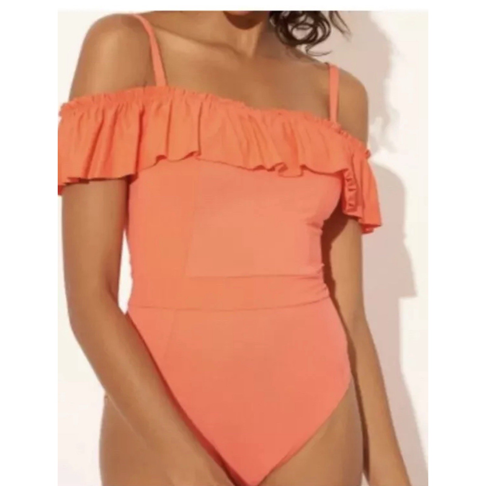 Blue Rod Beattie Living Coral Orange Ruffle Off The Shoulder One Piece Size 10