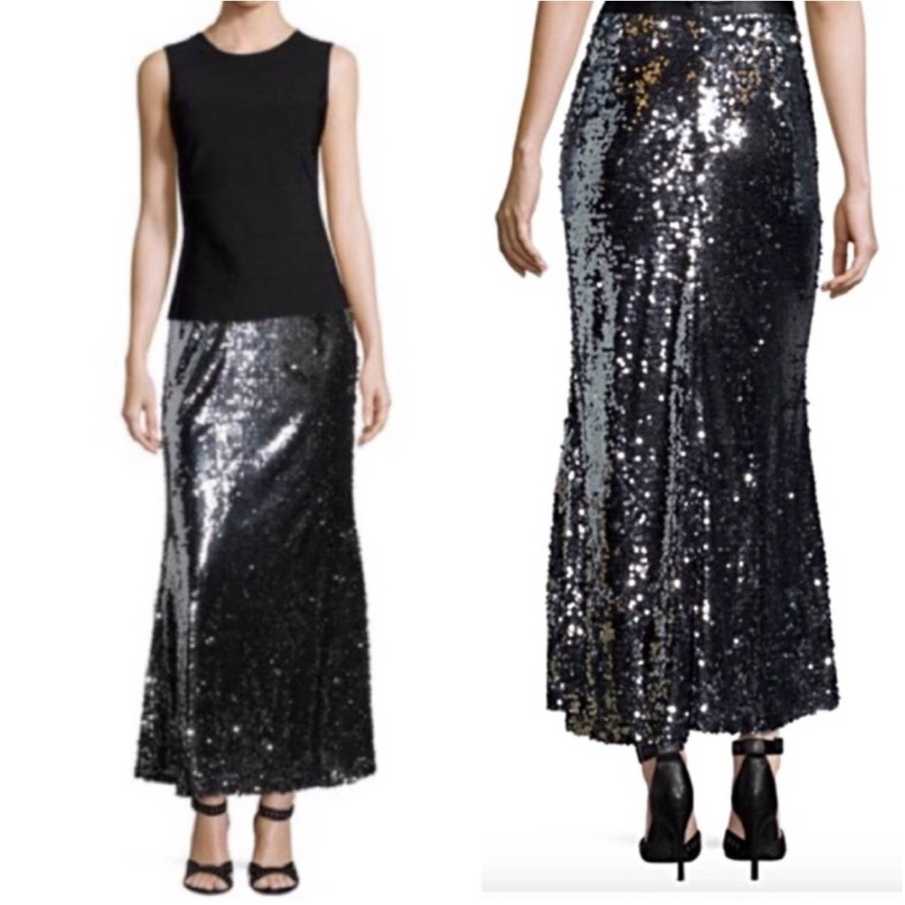 Carmen Marc Valvo Women's Silver Polyester Metallic Sequin Midi Skirt Size 6