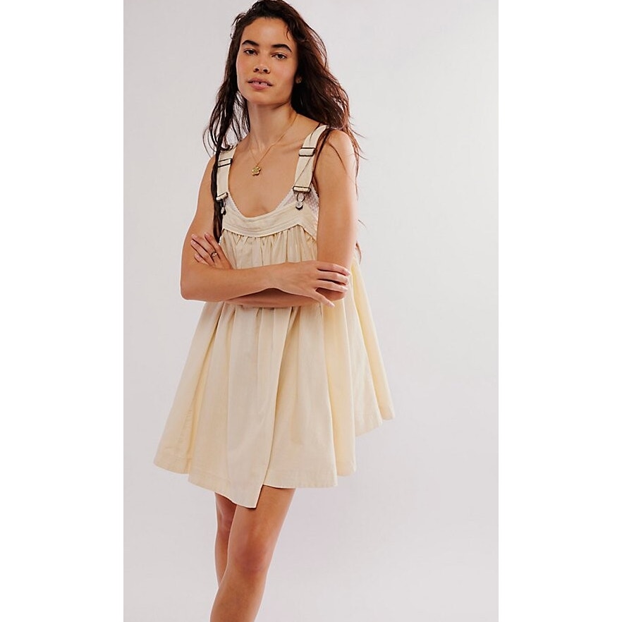 Free People ASTER Mini Shift Swing Babydoll Overall Dress in Cream L NWOT 128