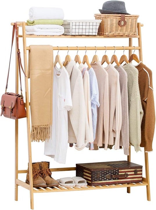 Bamboo Garment Coat Clothes Hanging Heavy Duty Rack with top Shelf