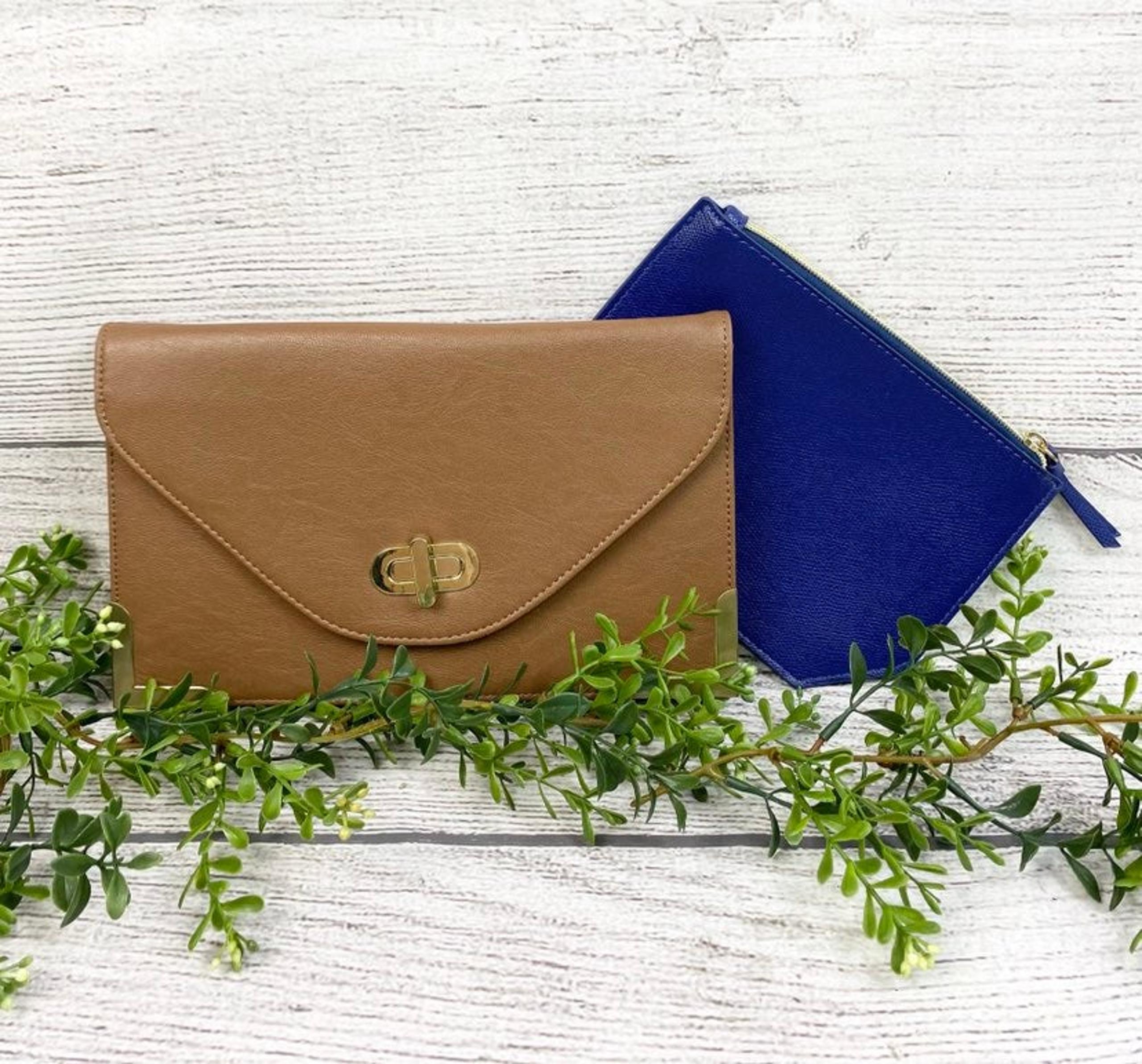 NEW Saks Fifth Avenue Blue Zipper Pouch and Camel Gold Clutch