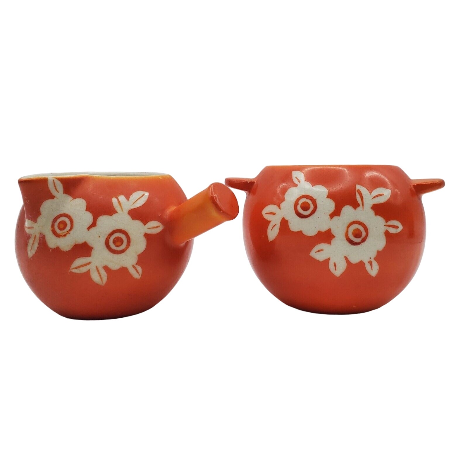 Orange Porcelain Sugar Bowl & Creamer Art Deco Floral Nippon Small Set
