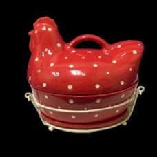Vtg New In Box! Temp-Tations by Tara 2qt. Red Rooster Polka Dot Casserole. Hen