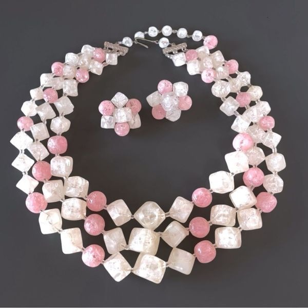 Vintage Made in Austria Pink Triple Strand Necklace Set