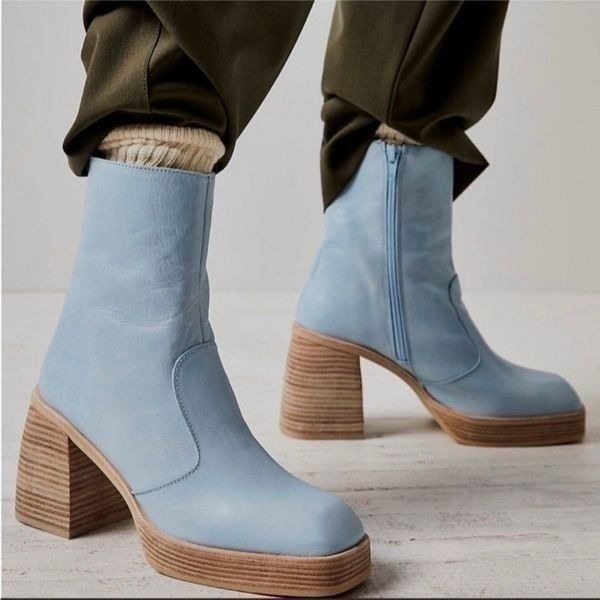 Free People Ruby Women's Platform Heel Leather Ankle Boot Blue Size 10 NEW 278