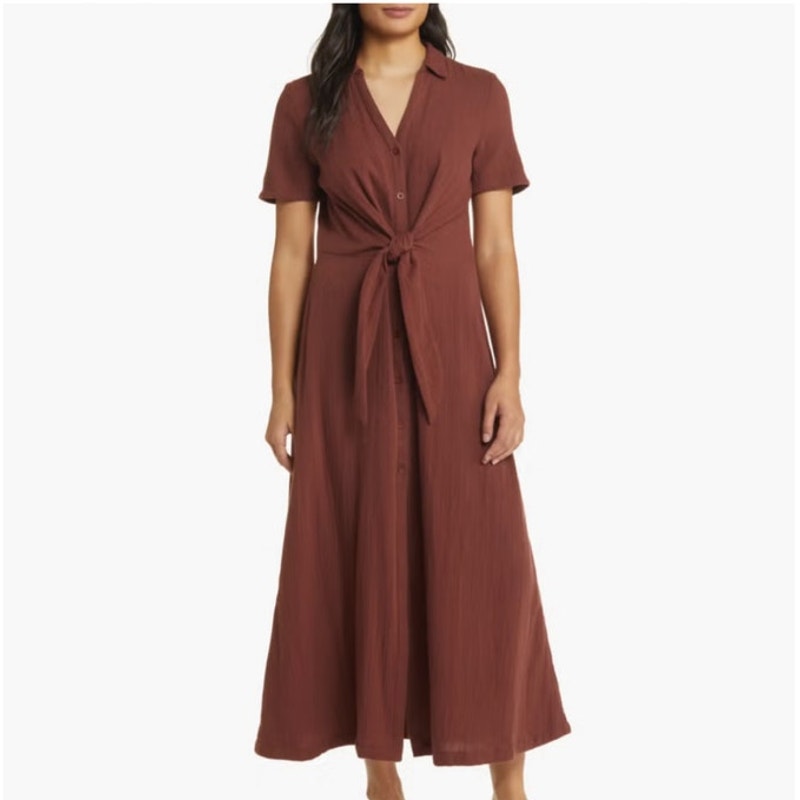 Caslon Vacation Tie Front Brown Raisin Gauze Shirtdress Size Small