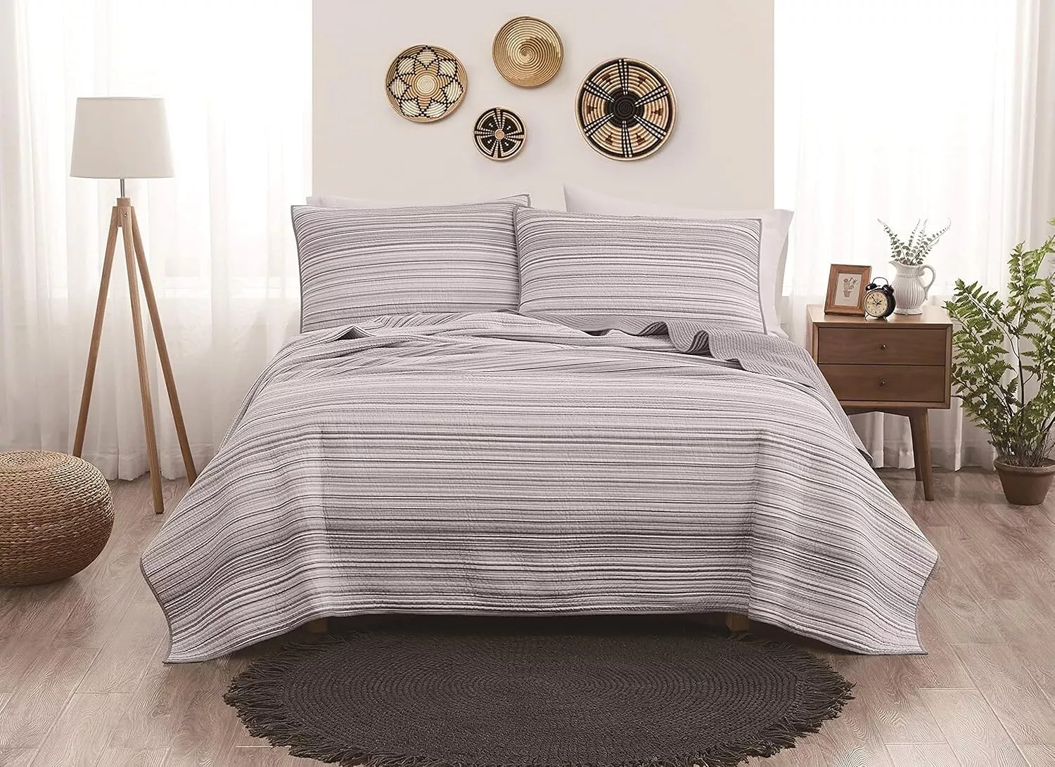Brooklyn Loom Noah Stripe Yarn Dye Collection 3 Piece Quilt Set Full/Queen Grey