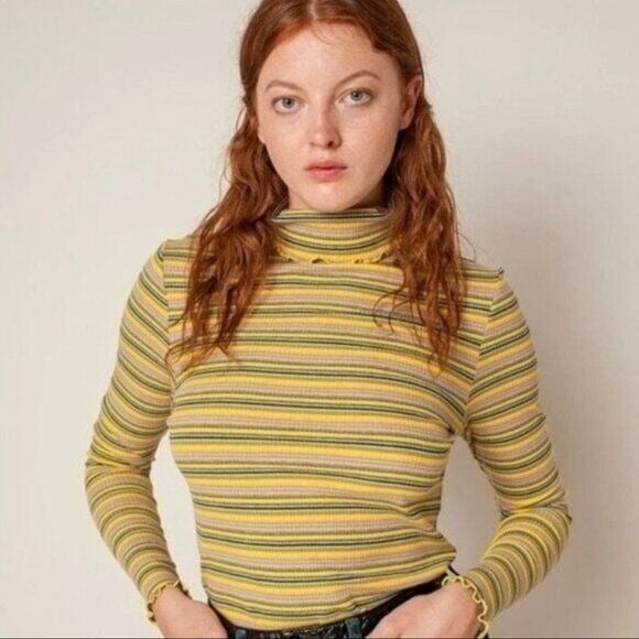 Rachel Antonoff Yellow Striped Long Sleeve Lettuce Trim Turtleneck Blouse