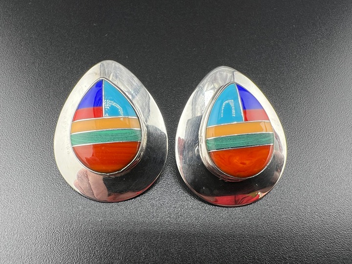SIGNED S.E. NATIVE AMERICAN 925 STERLING SILVER TURQUOISE POST DROP EARRINGS
