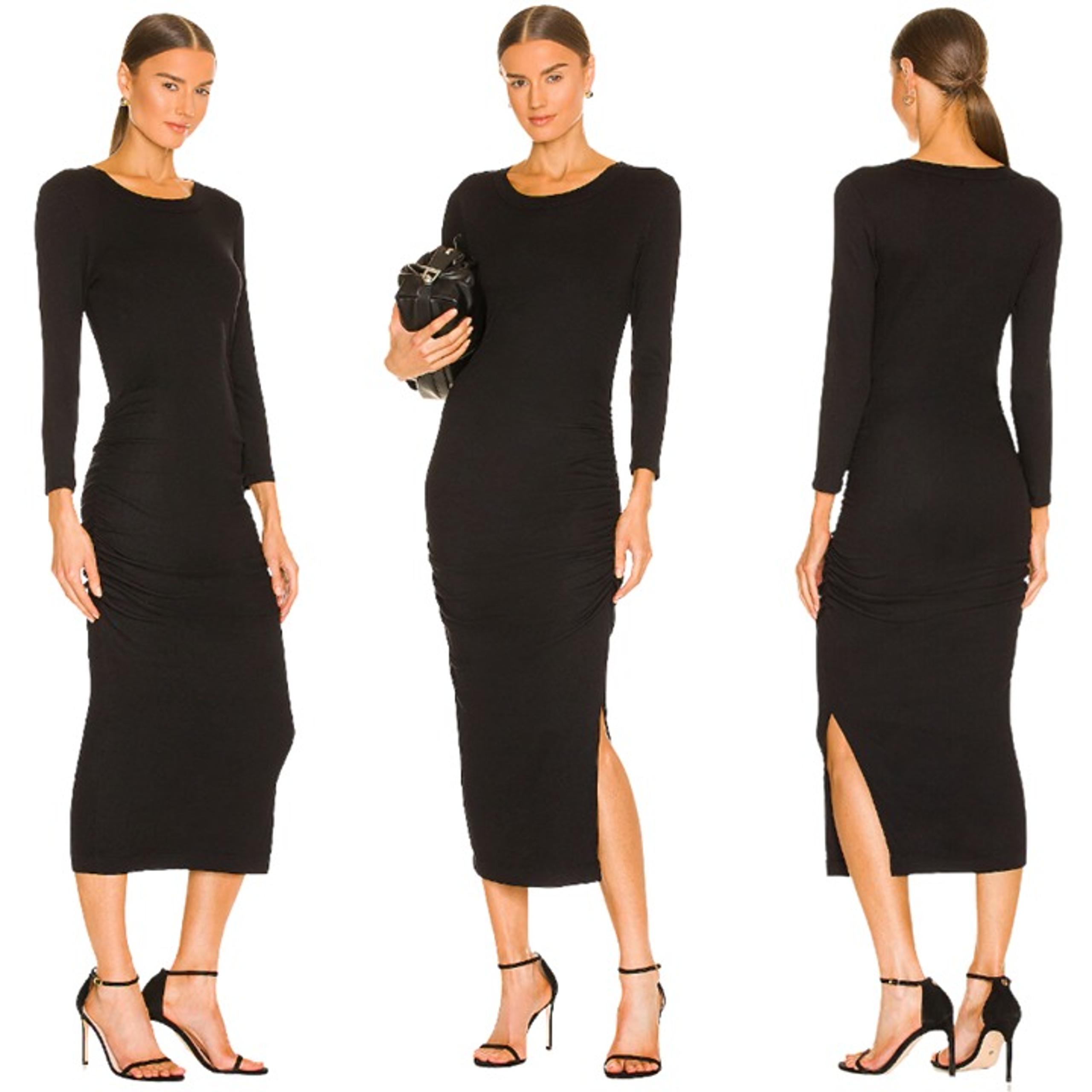 Michael Stars Christina Midi Dress Women Medium Black Ribbed Slit Ruched Revolve
