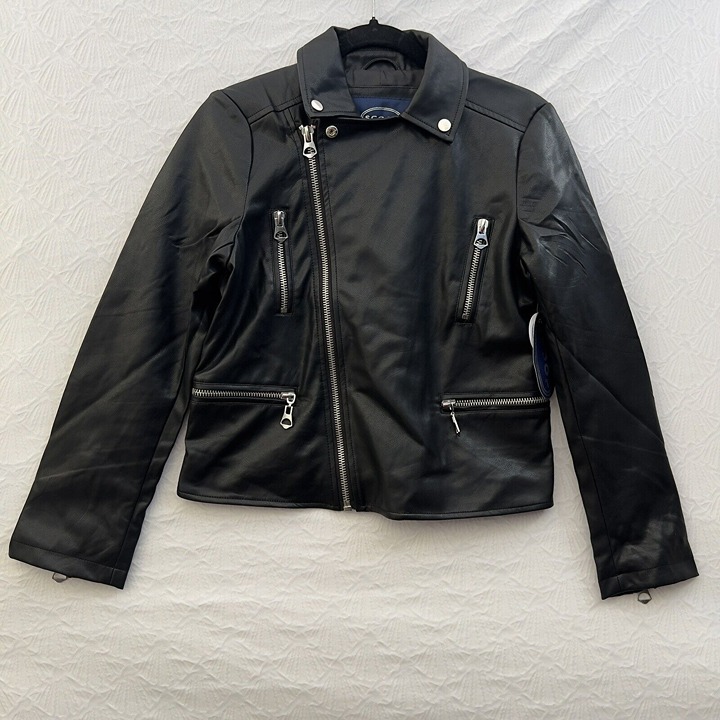 GIRL THE SCOOP VEGAN LEATHER BIKE BLACK fFULL ZIPPER JACKET S/CH 4-6
