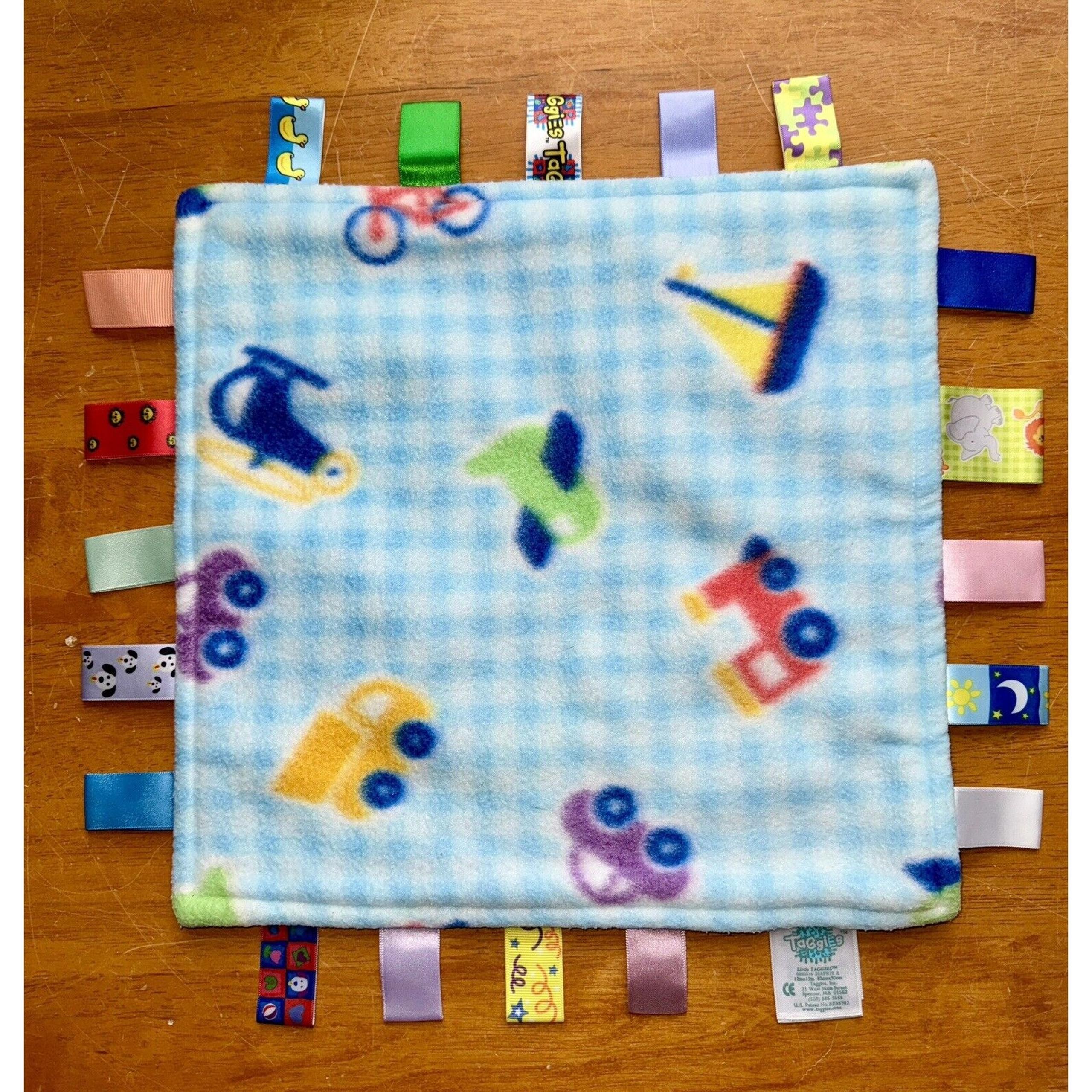 Taggies Lovey Security Blanket Blue Cars Train Trucks Bikes