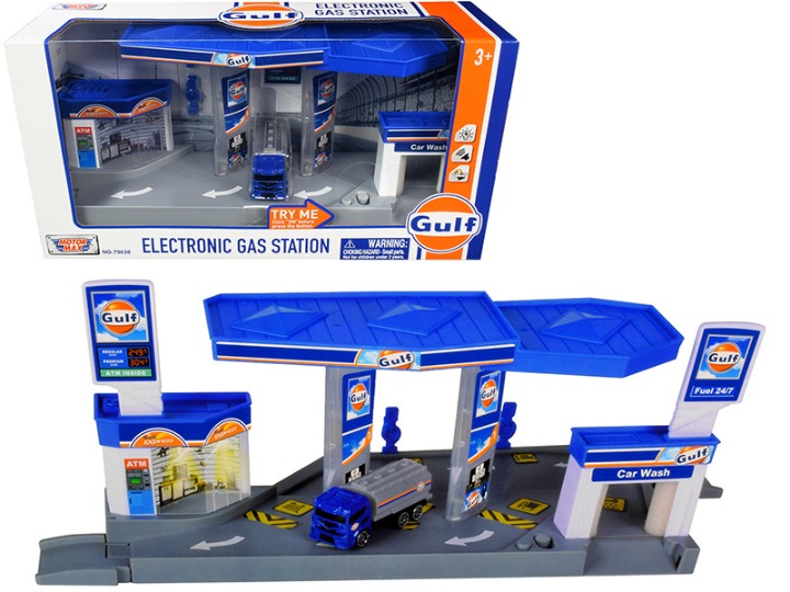Gulf Electronic Gas Station Diorama with Light and Sound and Tanker Truck 1/64