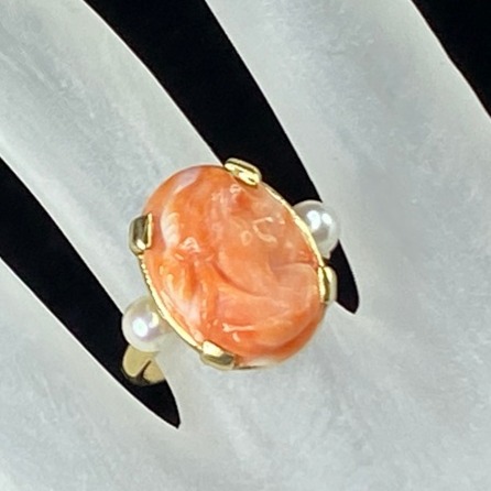 Mid century Angel skin Coral Cameo Cultured Pearl ring in 14K 5.6g s5 JR7931