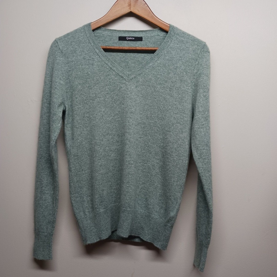 Quince Cashmere Knit Sweater Women Size S Green V-Neck Spring Preppy Casual
