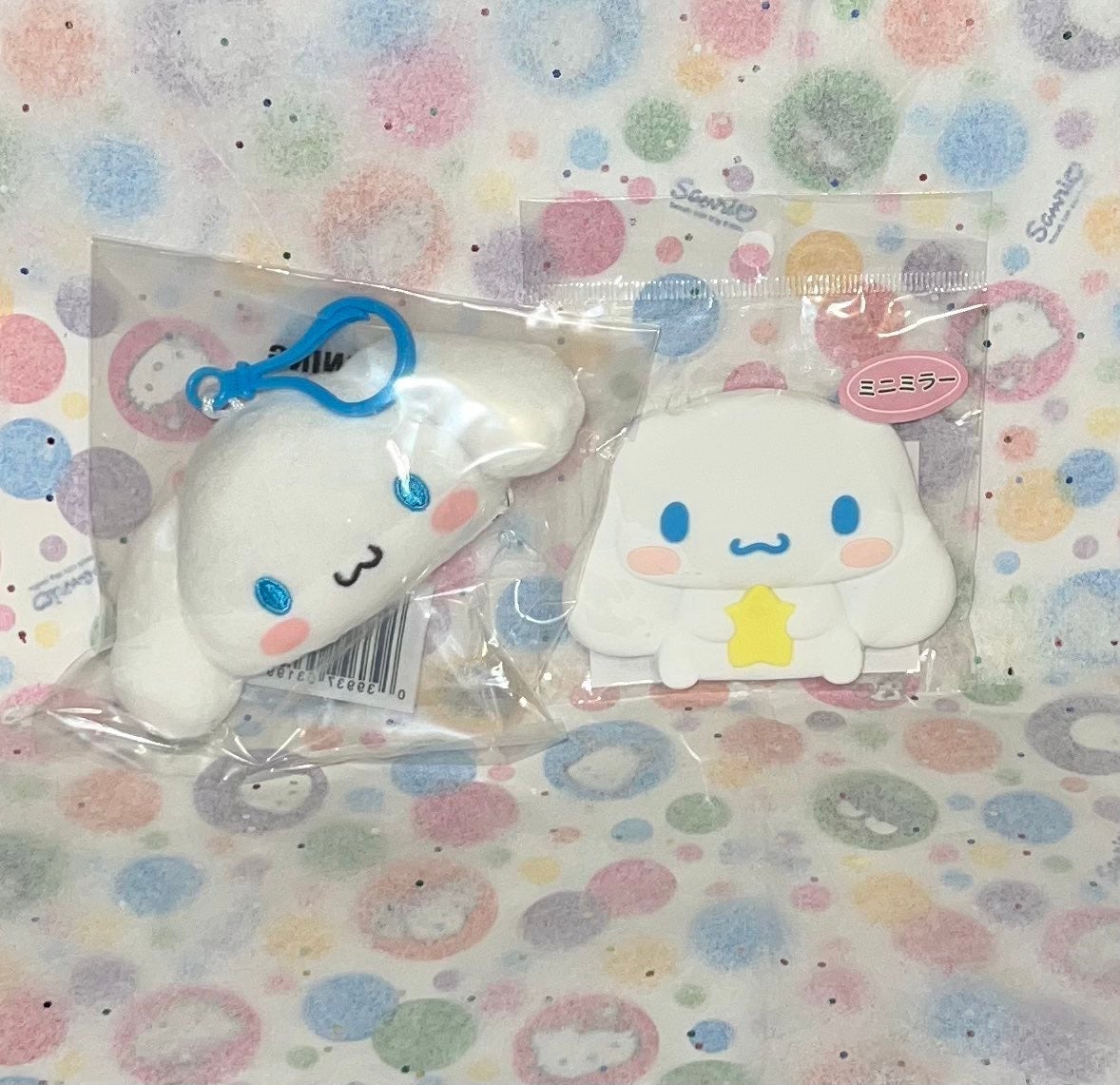 cinnamoroll small mirror & friend of the month plush keychain