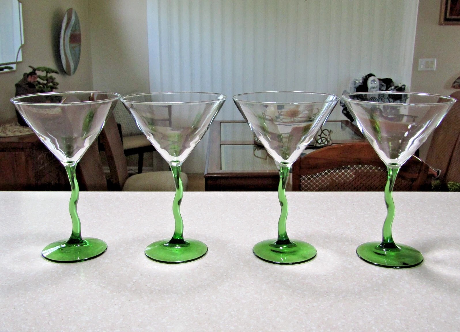 Vintage Set Of 4 Libbey Courbe Wavy Green Stem 7 5/8 Martini Glasses First Set