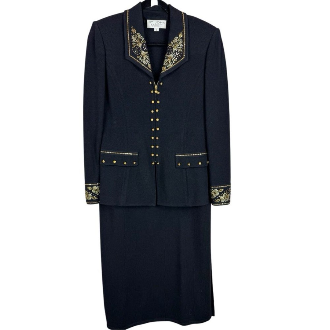 St. John Evening Embellished Zip Blazer and Santana Maxi Skirt Set sz 6