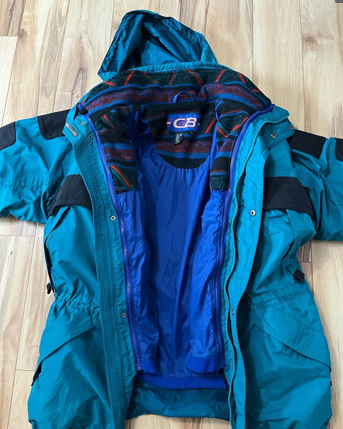 Vintage 90s CB Sports Mens Ski Jacket 2 In 1 Large Teal Blue Retro Hooded