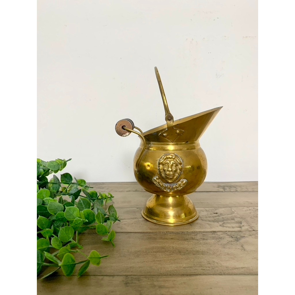 Vintage Brass Scuttle Bucket with Lion Heads and Wood Handle
