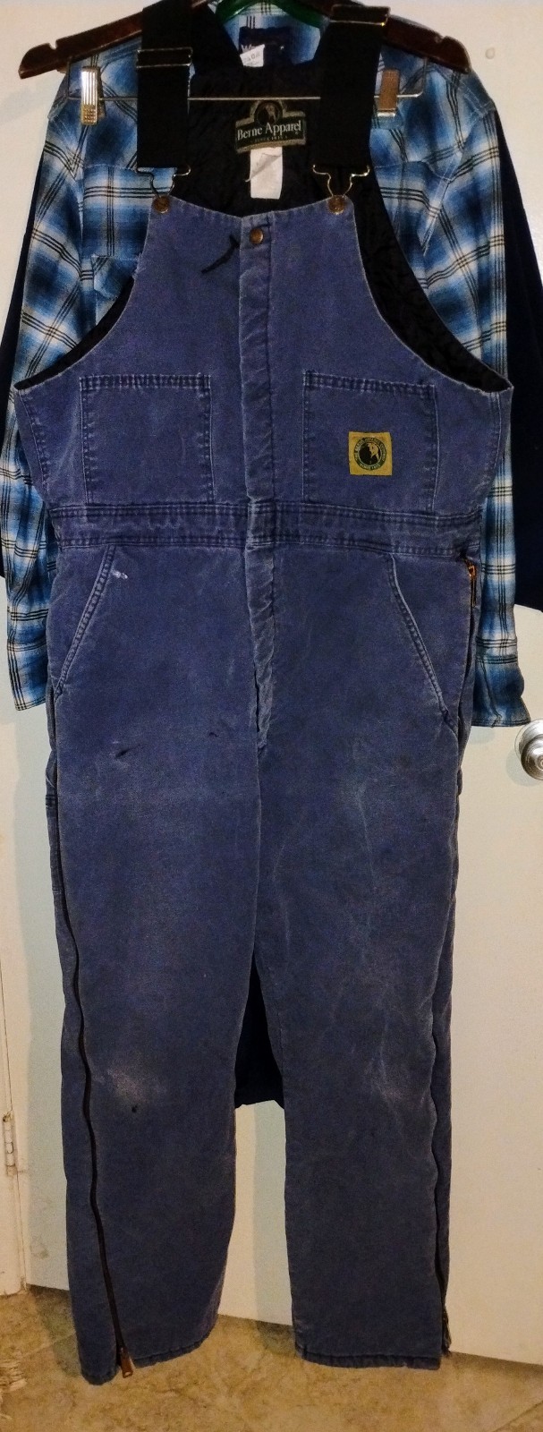 Distressed Berne apparel insulated overalls blue denim