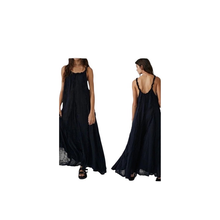 Free People Mckinley Maxi black Dress Large Women Ruffle Flared Gauze Boho Beach