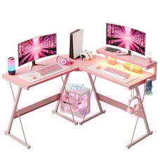 L-Shaped Desk with LED Gaming Computer Desk with Monitor Stand, Pink, New