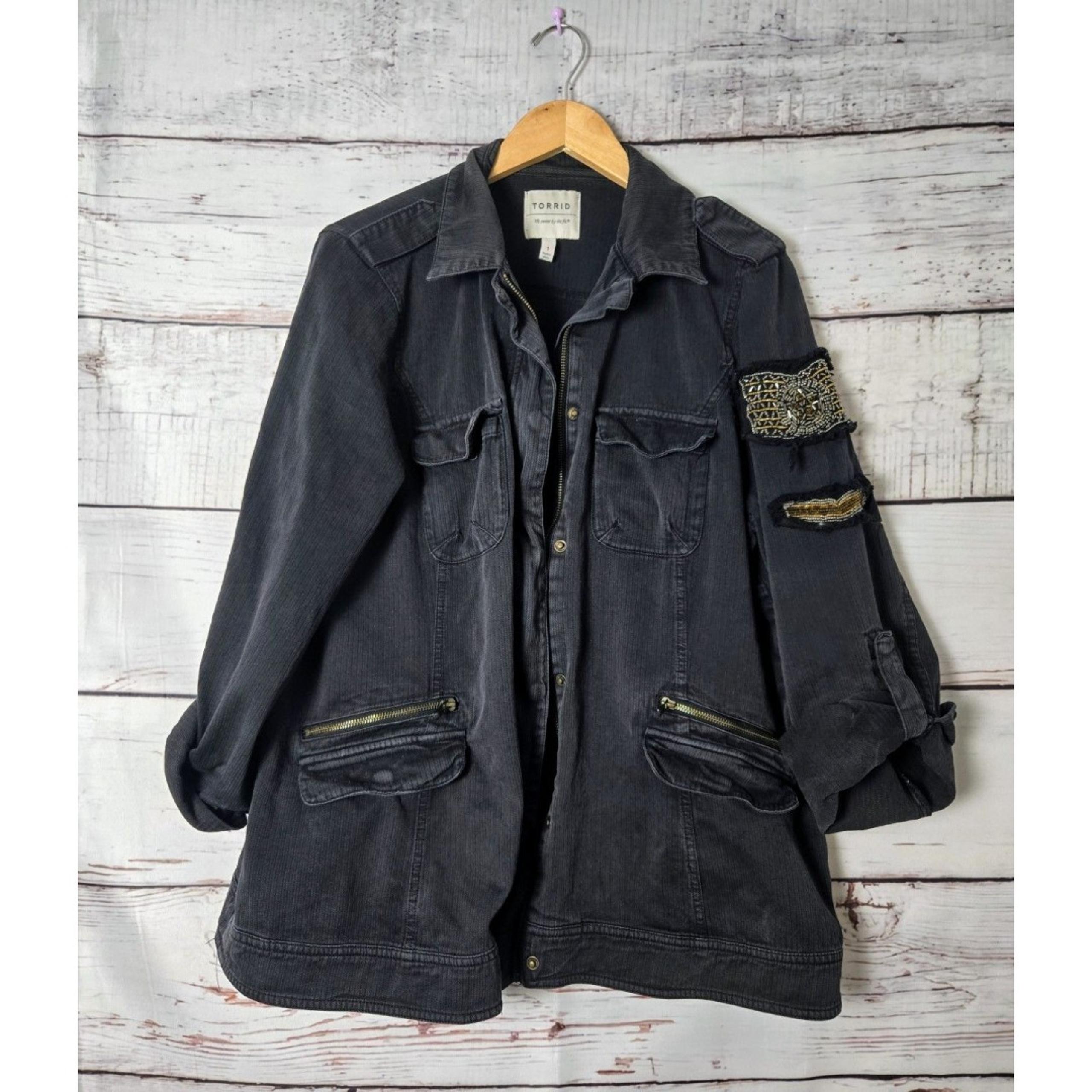 Torrid Womens Jacket Size 1 Blue Military Style Embroidered Zipper Buttons