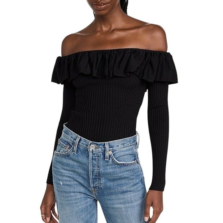 Jonathan Simkhai Isabelle Off-the-shoulder Ruffled Ribbed-knit Top, XL, NWT