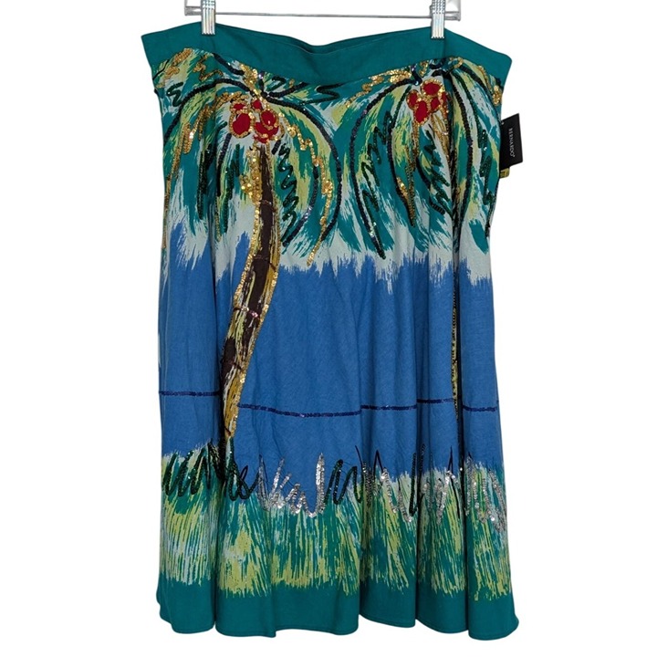 NEW Bernardo Palm Tree Skirt Womens Size XL Blue Sequins 100% Cotton Tropical