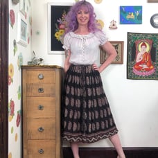 Vintage Indian Cotton Gauze Printed Skirt, 1970s Bohemian Block Print Midi, XS