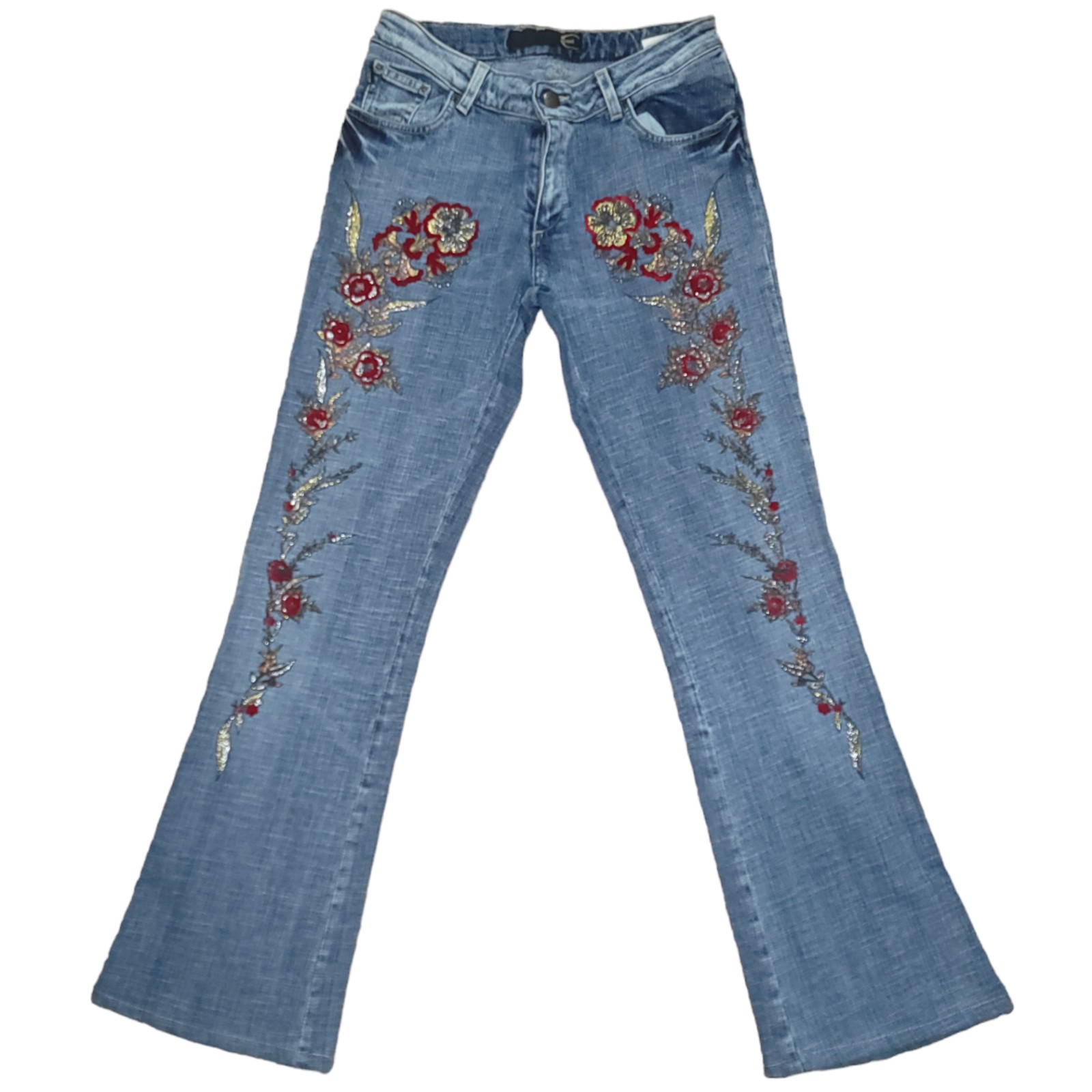 just cavalli glitter floral flower distressed flare jeans midrise Italy designer