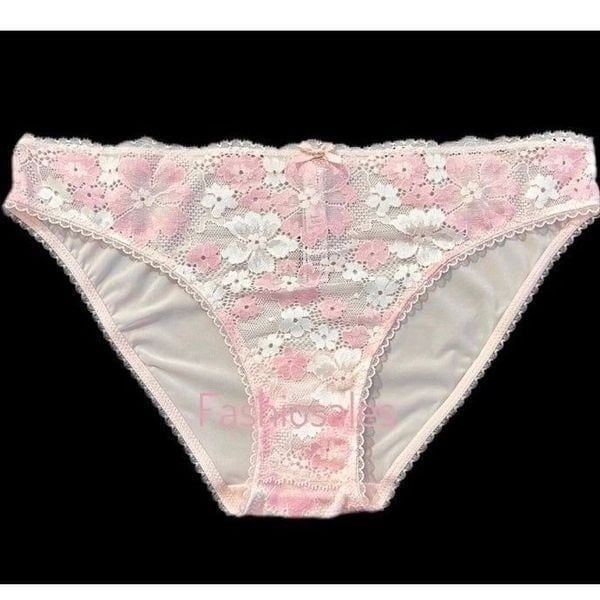 Victorias Secret Body Supersoft Satiny Floral Lace Front Bikini Panty Pink M