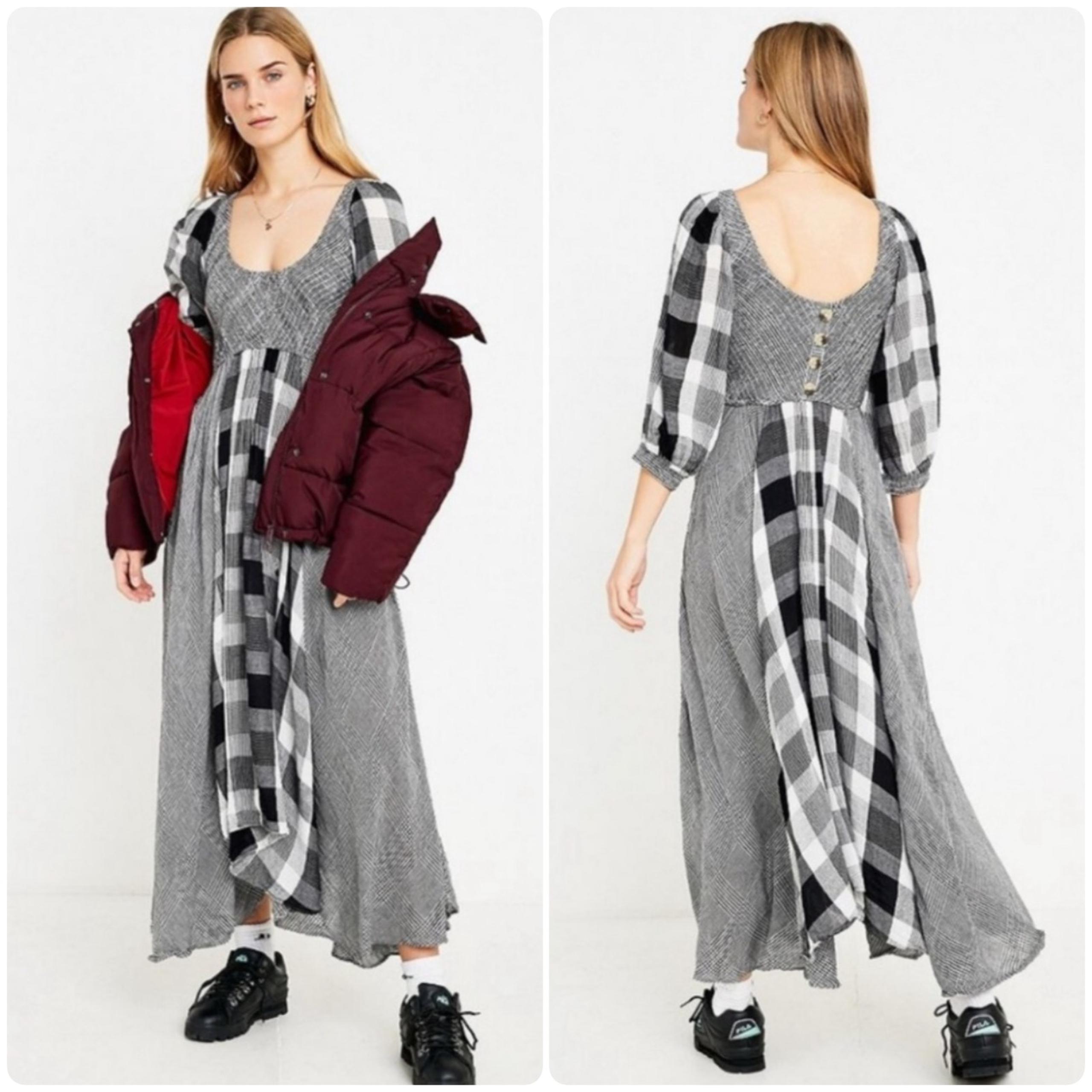 Free People Womens Boho Peasant Old Friends 3/4 Sleeve Plaid Midi Dress XS Gray