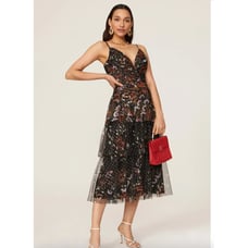 Marchesa Notte Dress Womens 2 Black Floral Dot Tiered Tulle Midi Ruffled