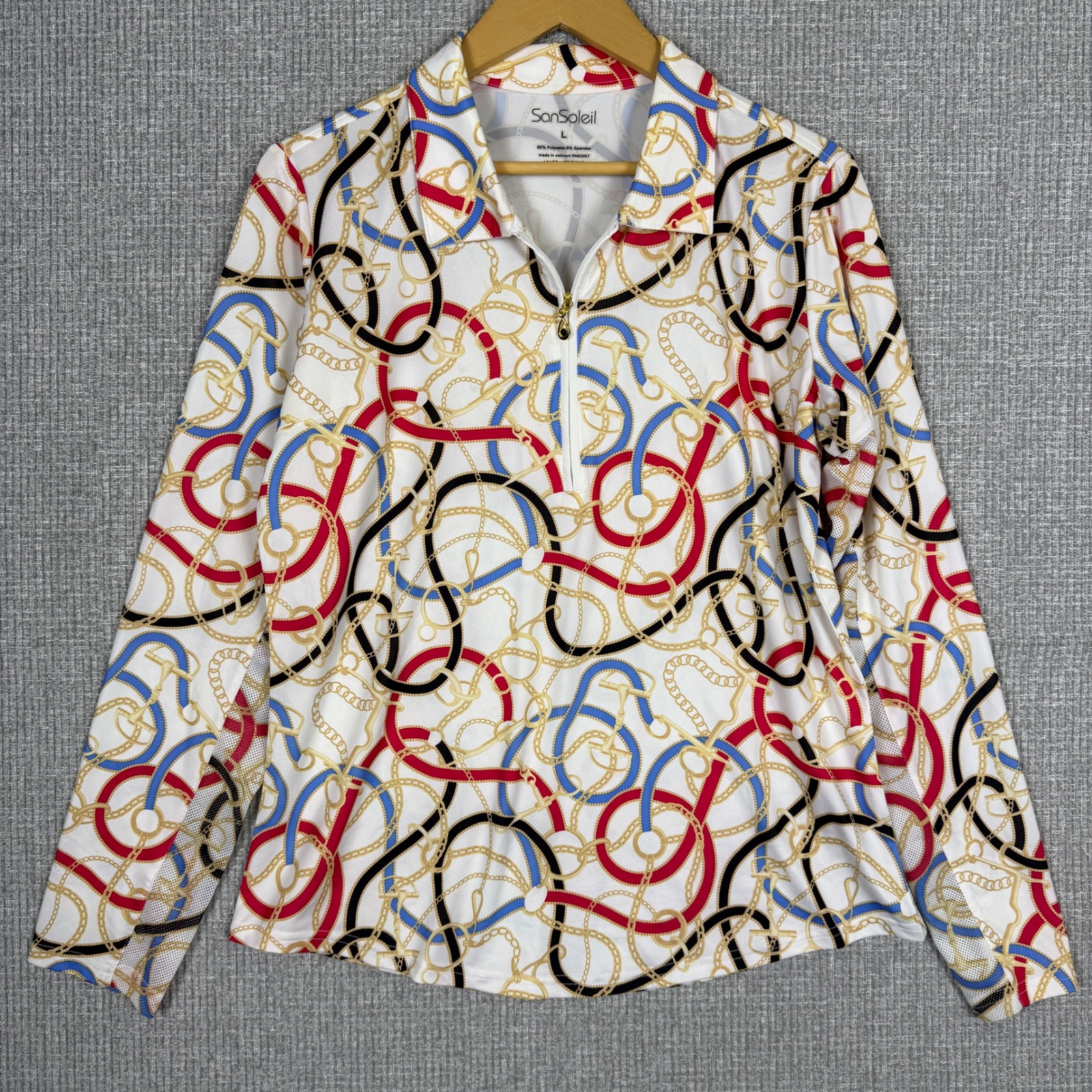 SanSoleil UV 50+ Cooling Top Golf Pullover Chain Print White Sz L Equestrian