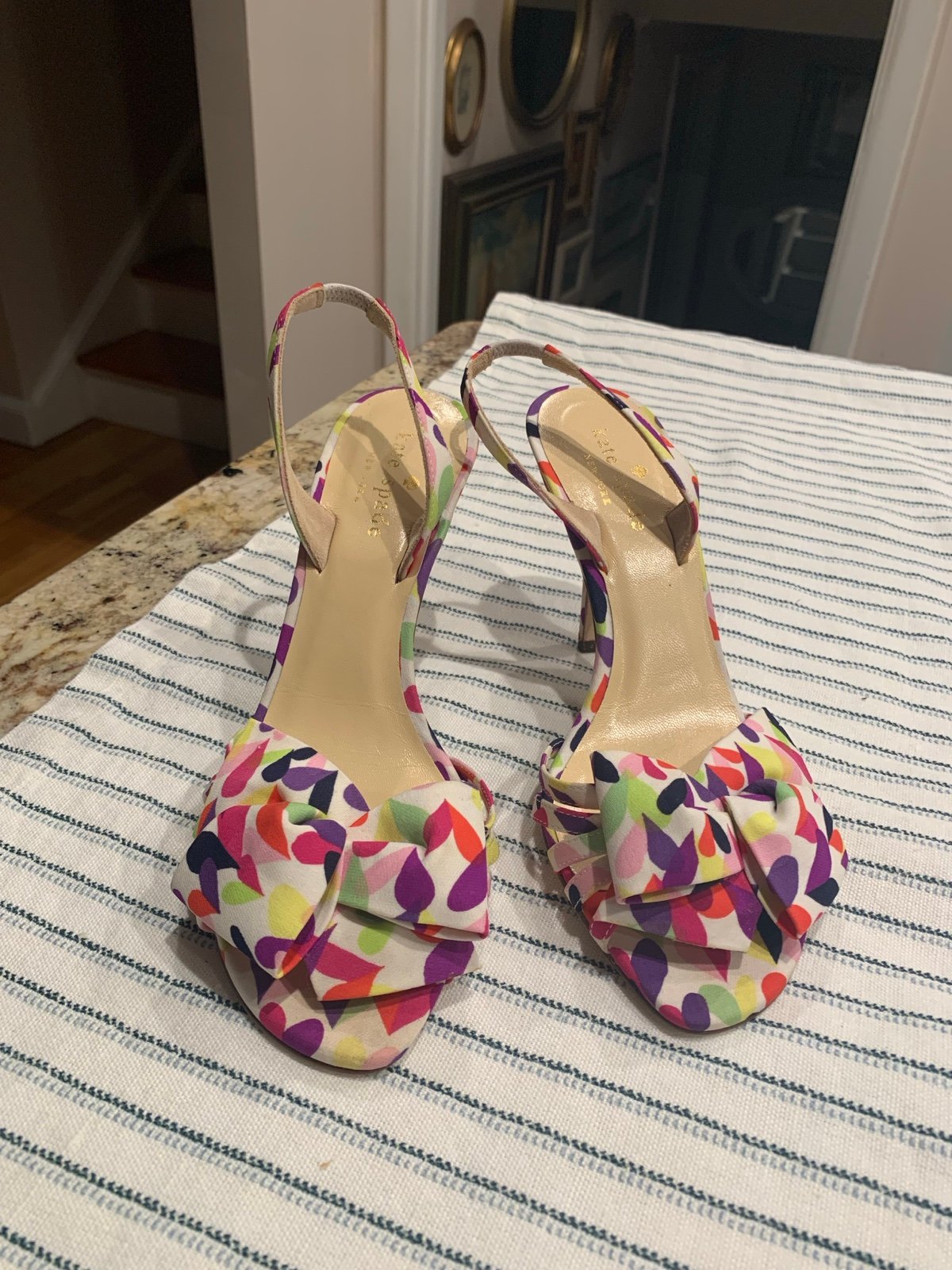 Kate Spade Multi Heart Pink Purple Print Bow Heel Lourdes Shoes